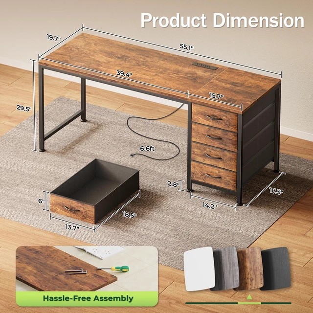 Alt view image 3 of 7 - 55.1 Inch Computer Office Desk with Power Outelts and USB-C Port, Reversible Gaming Desk with 4 Fabric Drawers, Work Study Desk Work from Home, Rustic Brown