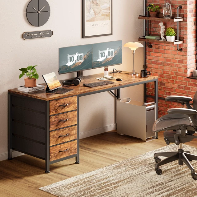 Alt view image 2 of 7 - 55.1 Inch Computer Office Desk with Power Outelts and USB-C Port, Reversible Gaming Desk with 4 Fabric Drawers, Work Study Desk Work from Home, Rustic Brown
