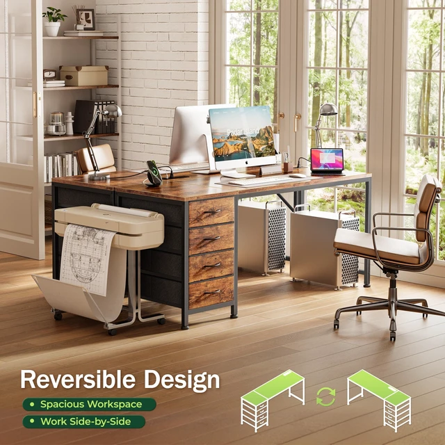 Alt view image 4 of 7 - 55.1 Inch Computer Office Desk with Power Outelts and USB-C Port, Reversible Gaming Desk with 4 Fabric Drawers, Work Study Desk Work from Home, Rustic Brown