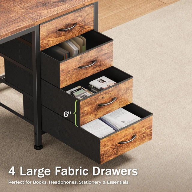 Alt view image 6 of 7 - 55.1 Inch Computer Office Desk with Power Outelts and USB-C Port, Reversible Gaming Desk with 4 Fabric Drawers, Work Study Desk Work from Home, Rustic Brown