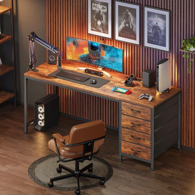 Alt view image 7 of 7 - 55.1 Inch Computer Office Desk with Power Outelts and USB-C Port, Reversible Gaming Desk with 4 Fabric Drawers, Work Study Desk Work from Home, Rustic Brown