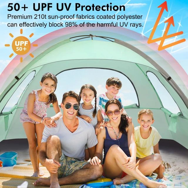 Alt view image 3 of 7 - Beach Tent Anti-UV Portable Sun Shade Shelter for 6 Person, Extendable Floor with 3 Ventilating Mesh Windows Plus Carrying Bag, Stakes and Guy Lines (Mint Green)