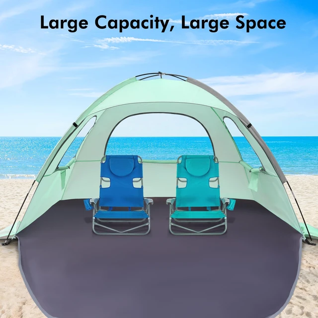 Alt view image 4 of 7 - Beach Tent Anti-UV Portable Sun Shade Shelter for 6 Person, Extendable Floor with 3 Ventilating Mesh Windows Plus Carrying Bag, Stakes and Guy Lines (Mint Green)