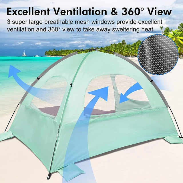 Alt view image 5 of 7 - Beach Tent Anti-UV Portable Sun Shade Shelter for 6 Person, Extendable Floor with 3 Ventilating Mesh Windows Plus Carrying Bag, Stakes and Guy Lines (Mint Green)