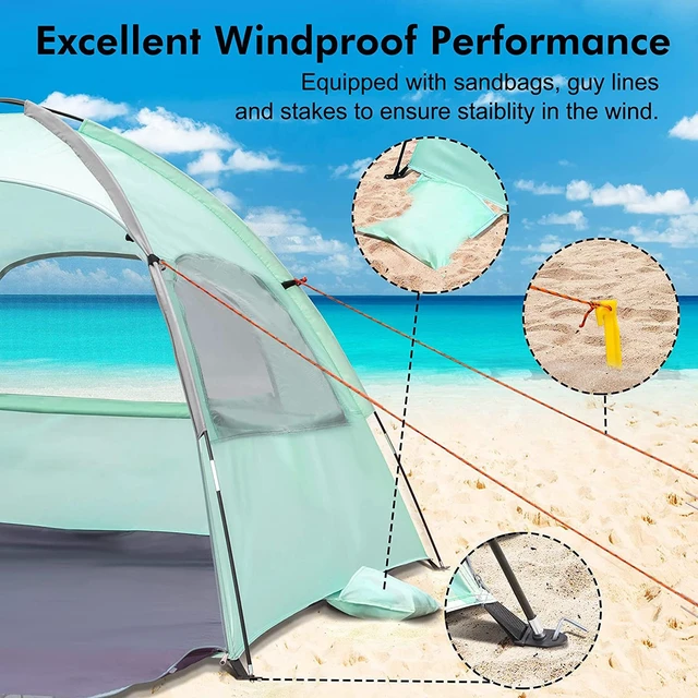 Alt view image 6 of 7 - Beach Tent Anti-UV Portable Sun Shade Shelter for 6 Person, Extendable Floor with 3 Ventilating Mesh Windows Plus Carrying Bag, Stakes and Guy Lines (Mint Green)
