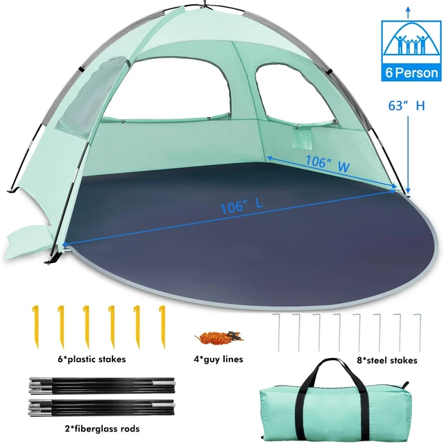 Alt view image 7 of 7 - Beach Tent Anti-UV Portable Sun Shade Shelter for 6 Person, Extendable Floor with 3 Ventilating Mesh Windows Plus Carrying Bag, Stakes and Guy Lines (Mint Green)