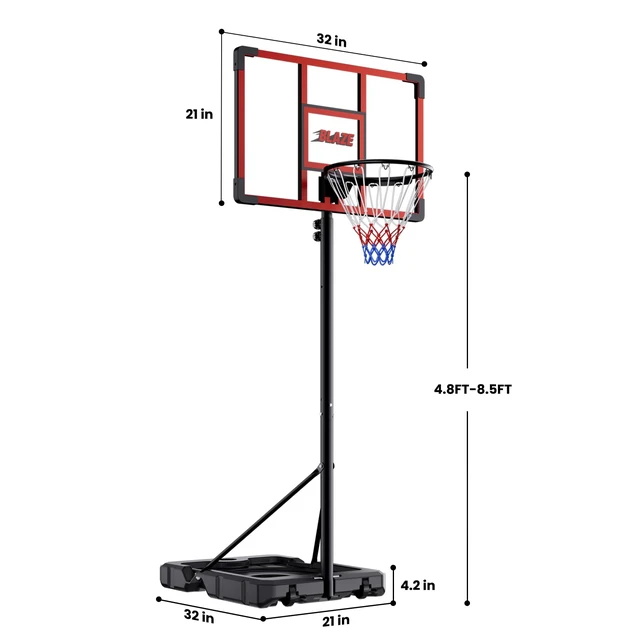 Alt view image 7 of 7 - Portable Basketball Hoop 4.18.5FT Adjustable, 32" Shatterproof Backboard, Fillable Base with Weight Bag & Wheels, Outdoor Basketball Goal for Kids & Teens Backyard Driveway(Red)