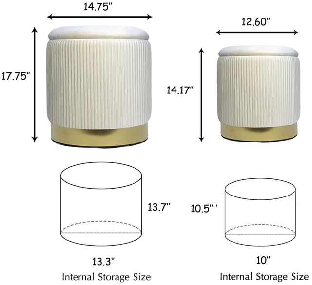 Alt view image 2 of 7 - Round Ottoman with Storage Set of 2 White Vanity Stool Foot Rest | Removable Lid, Gold and White Ottoman,Hidden Storage Stool, Small Coffee Table for Living Room,Nest Packing, Assembly Free