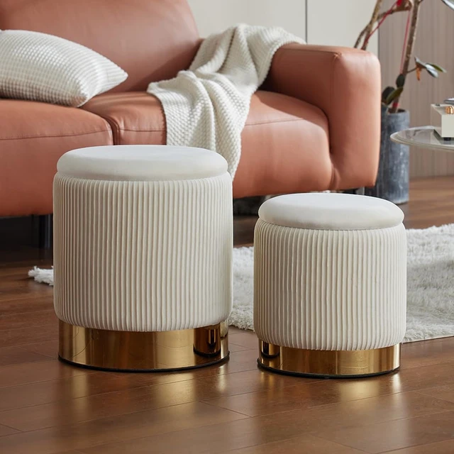 Alt view image 3 of 7 - Round Ottoman with Storage Set of 2 White Vanity Stool Foot Rest | Removable Lid, Gold and White Ottoman,Hidden Storage Stool, Small Coffee Table for Living Room,Nest Packing, Assembly Free