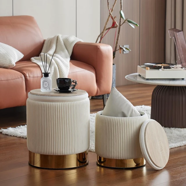 Alt view image 4 of 7 - Round Ottoman with Storage Set of 2 White Vanity Stool Foot Rest | Removable Lid, Gold and White Ottoman,Hidden Storage Stool, Small Coffee Table for Living Room,Nest Packing, Assembly Free