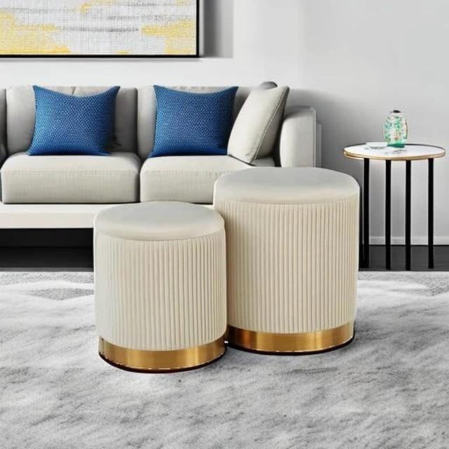 Alt view image 5 of 7 - Round Ottoman with Storage Set of 2 White Vanity Stool Foot Rest | Removable Lid, Gold and White Ottoman,Hidden Storage Stool, Small Coffee Table for Living Room,Nest Packing, Assembly Free