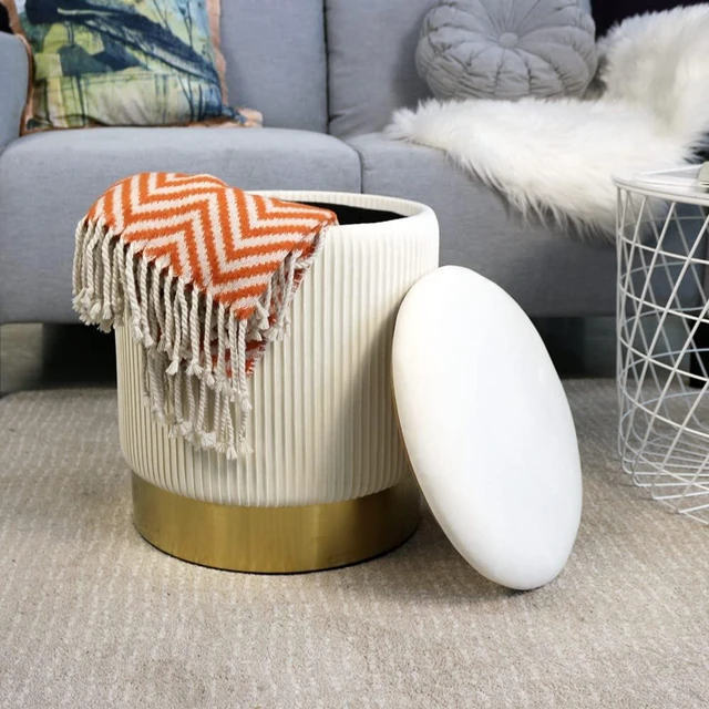 Alt view image 7 of 7 - Round Ottoman with Storage Set of 2 White Vanity Stool Foot Rest | Removable Lid, Gold and White Ottoman,Hidden Storage Stool, Small Coffee Table for Living Room,Nest Packing, Assembly Free