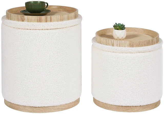 Main image of Round Storage Ottoman Set of 2, Cream Boucle Stools with Tray | Round Ottoman with Removable Tray and Hidden Storage for Bedroom, Living Room or Dorm