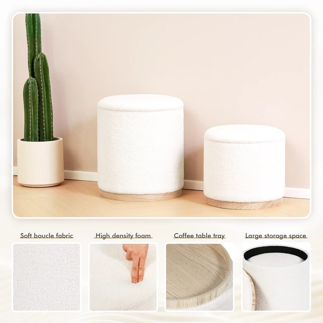Alt view image 2 of 7 - Round Storage Ottoman Set of 2, Cream Boucle Stools with Tray | Round Ottoman with Removable Tray and Hidden Storage for Bedroom, Living Room or Dorm