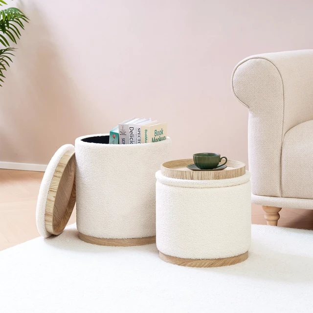 Alt view image 4 of 7 - Round Storage Ottoman Set of 2, Cream Boucle Stools with Tray | Round Ottoman with Removable Tray and Hidden Storage for Bedroom, Living Room or Dorm