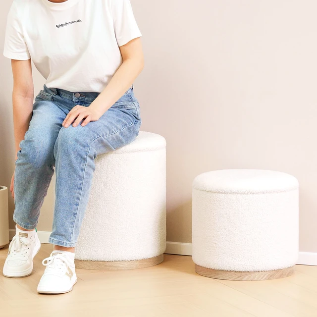 Alt view image 7 of 7 - Round Storage Ottoman Set of 2, Cream Boucle Stools with Tray | Round Ottoman with Removable Tray and Hidden Storage for Bedroom, Living Room or Dorm
