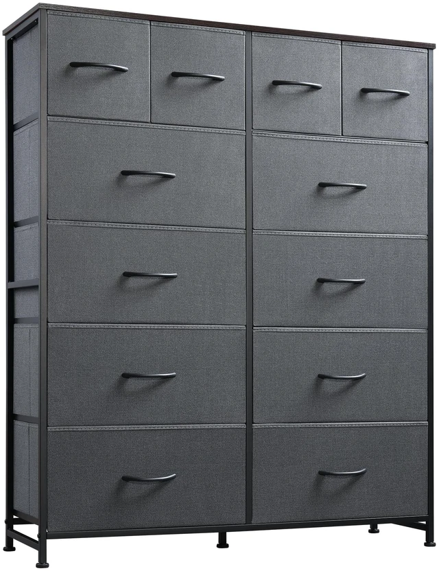Main image of 12 Drawer Tall Fabric Dresser Bedroom Storage Chest, Dark Grey | 12-drawer tall fabric dresser with wood top and steel frame, P2 grade board, ideal for bedroom closet living room storage