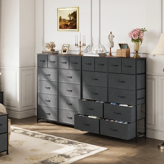 Alt view image 2 of 7 - 12 Drawer Tall Fabric Dresser Bedroom Storage Chest, Dark Grey | 12-drawer tall fabric dresser with wood top and steel frame, P2 grade board, ideal for bedroom closet living room storage
