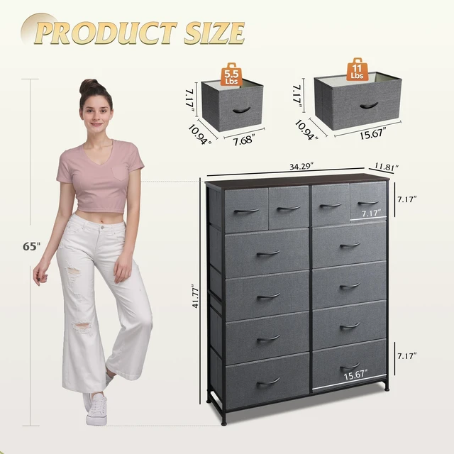Alt view image 5 of 7 - 12 Drawer Tall Fabric Dresser Bedroom Storage Chest, Dark Grey | 12-drawer tall fabric dresser with wood top and steel frame, P2 grade board, ideal for bedroom closet living room storage