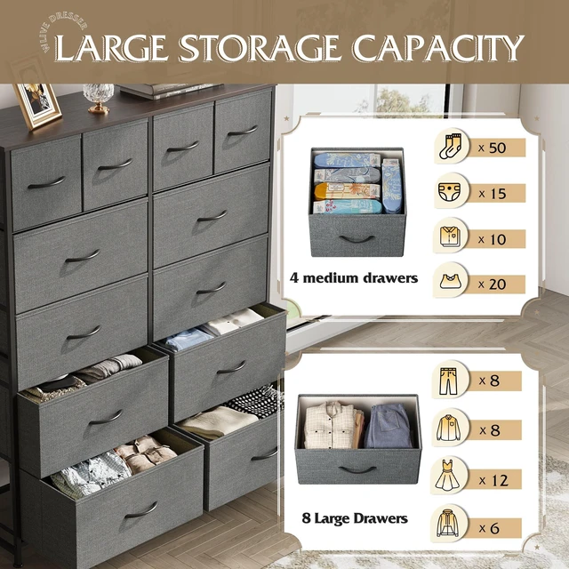 Alt view image 4 of 7 - 12 Drawer Tall Fabric Dresser Bedroom Storage Chest, Dark Grey | 12-drawer tall fabric dresser with wood top and steel frame, P2 grade board, ideal for bedroom closet living room storage