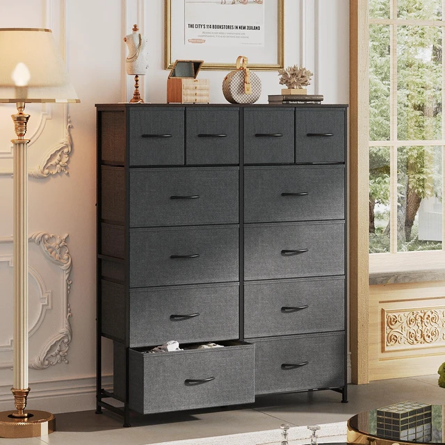 Alt view image 3 of 7 - 12 Drawer Tall Fabric Dresser Bedroom Storage Chest, Dark Grey | 12-drawer tall fabric dresser with wood top and steel frame, P2 grade board, ideal for bedroom closet living room storage