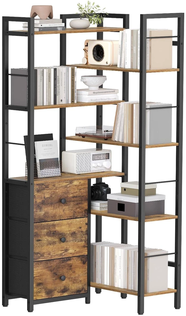 Main image of Corner Bookshelf, 7 Tier Bookcase with 3 Drawers, Storage Corner Shelf, Freestanding Tall L-Shaped Display Shelf, Industrial Style, for Living Room, Home Office, Rustic Brown and Black SJ10BR