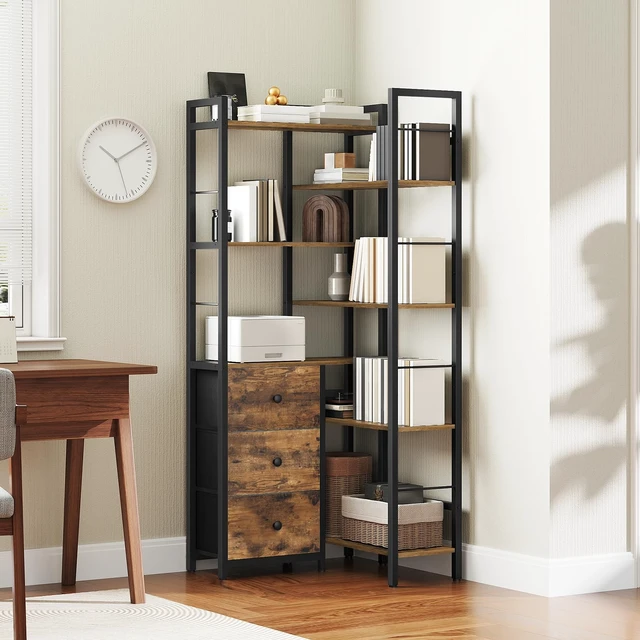 Alt view image 6 of 7 - Corner Bookshelf, 7 Tier Bookcase with 3 Drawers, Storage Corner Shelf, Freestanding Tall L-Shaped Display Shelf, Industrial Style, for Living Room, Home Office, Rustic Brown and Black SJ10BR