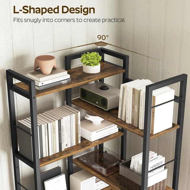 Alt view image 7 of 7 - Corner Bookshelf, 7 Tier Bookcase with 3 Drawers, Storage Corner Shelf, Freestanding Tall L-Shaped Display Shelf, Industrial Style, for Living Room, Home Office, Rustic Brown and Black SJ10BR