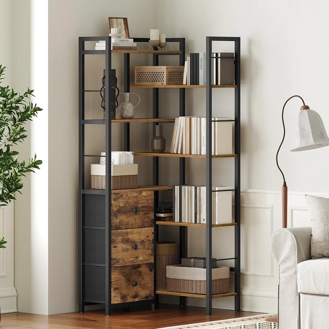 Alt view image 2 of 7 - Corner Bookshelf, 7 Tier Bookcase with 3 Drawers, Storage Corner Shelf, Freestanding Tall L-Shaped Display Shelf, Industrial Style, for Living Room, Home Office, Rustic Brown and Black SJ10BR