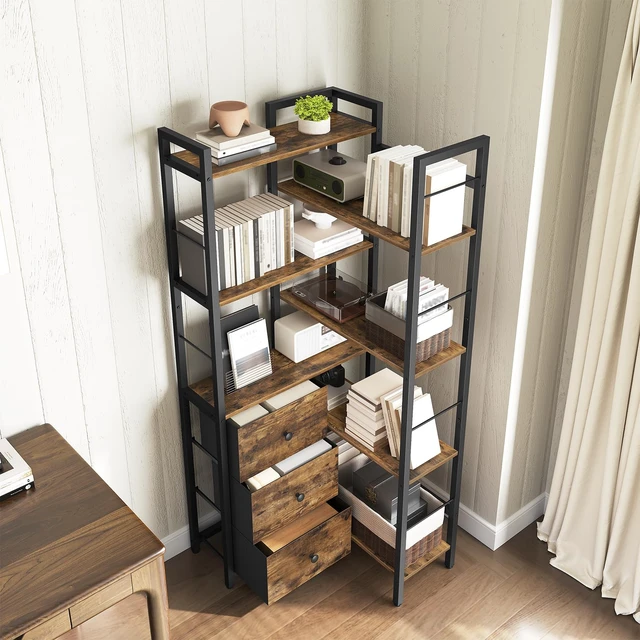 Alt view image 3 of 7 - Corner Bookshelf, 7 Tier Bookcase with 3 Drawers, Storage Corner Shelf, Freestanding Tall L-Shaped Display Shelf, Industrial Style, for Living Room, Home Office, Rustic Brown and Black SJ10BR