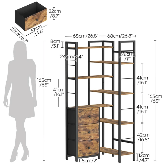 Alt view image 4 of 7 - Corner Bookshelf, 7 Tier Bookcase with 3 Drawers, Storage Corner Shelf, Freestanding Tall L-Shaped Display Shelf, Industrial Style, for Living Room, Home Office, Rustic Brown and Black SJ10BR
