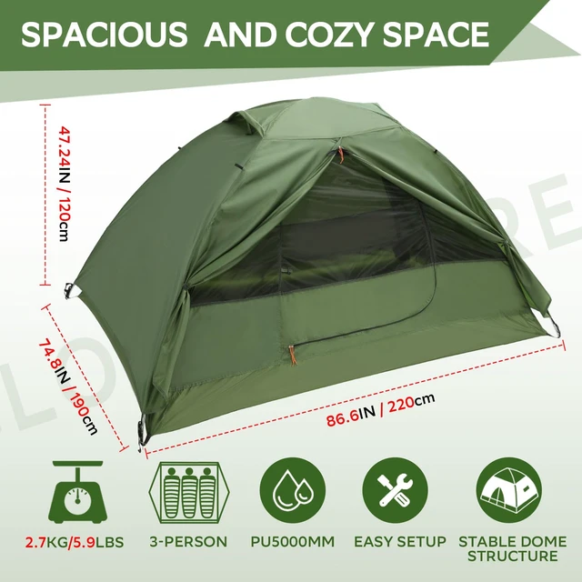Alt view image 2 of 7 - 3 Person Lightweight Backpacking Tent, Easy Setup Tent | Aluminum Pole, PU 5000, Freestanding, Durable, Waterproof, Ultralight, Compact, 3 Man Camping Tent for Hiking Outdoor