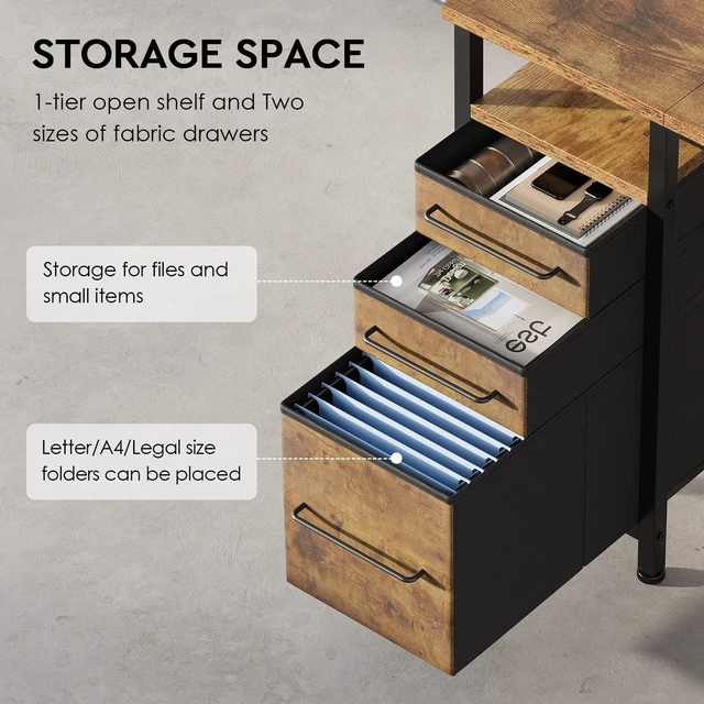 Alt view image 3 of 7 - Maihail Small Desk with Drawers, Office Desk with Storage Shelves, Brown2 | 40 Inch Desktop, Metal Frame, 3 Fabric Drawers, Storage Shelves, Computer & Writing Desk, Office Gaming Workstation