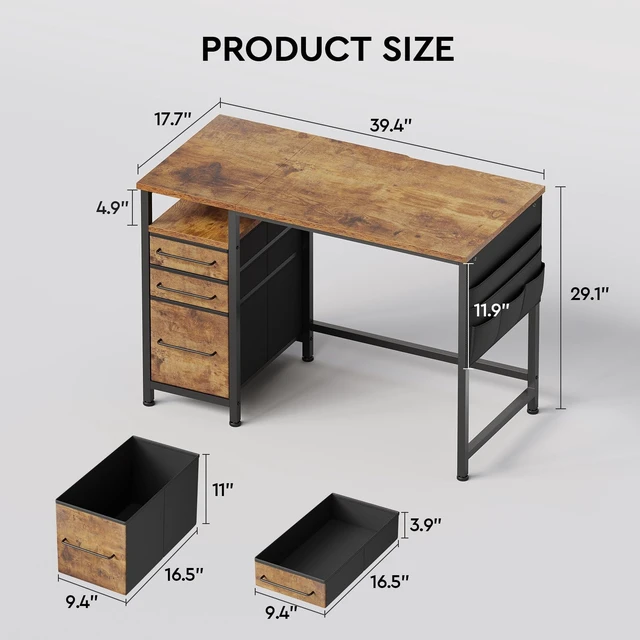 Alt view image 6 of 7 - Maihail Small Desk with Drawers, Office Desk with Storage Shelves, Brown2 | 40 Inch Desktop, Metal Frame, 3 Fabric Drawers, Storage Shelves, Computer & Writing Desk, Office Gaming Workstation