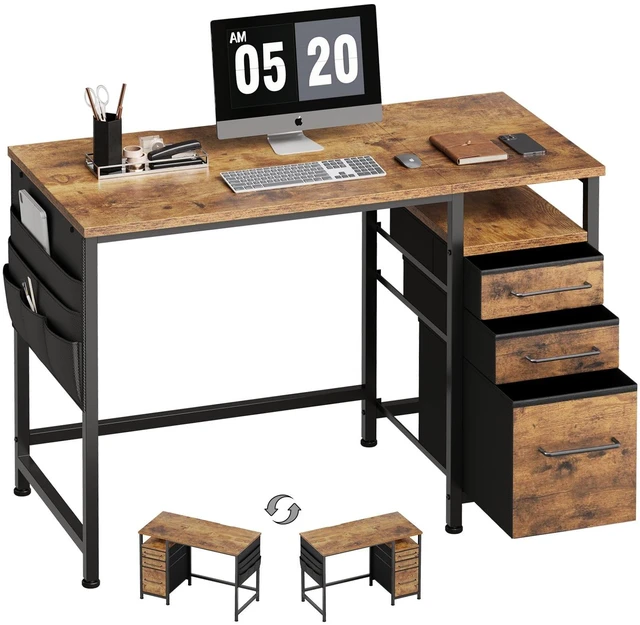 Main image of Maihail Small Desk with Drawers, Office Desk with Storage Shelves, Brown2 | 40 Inch Desktop, Metal Frame, 3 Fabric Drawers, Storage Shelves, Computer & Writing Desk, Office Gaming Workstation