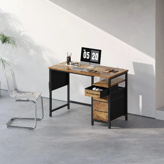 Alt view image 2 of 7 - Maihail Small Desk with Drawers, Office Desk with Storage Shelves, Brown2 | 40 Inch Desktop, Metal Frame, 3 Fabric Drawers, Storage Shelves, Computer & Writing Desk, Office Gaming Workstation