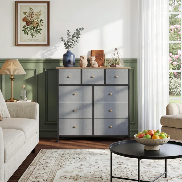 Alt view image 3 of 7 - 9 Drawer Dresser for Bedroom, Fabric Storage Drawer Unit | Closet Organizer with Wooden Top Steel Frame Chest of Drawers for Bedroom, Entryway, Dorm, Blue