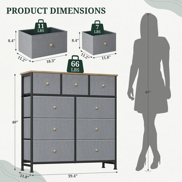 Alt view image 2 of 7 - 9 Drawer Dresser for Bedroom, Fabric Storage Drawer Unit | Closet Organizer with Wooden Top Steel Frame Chest of Drawers for Bedroom, Entryway, Dorm, Blue