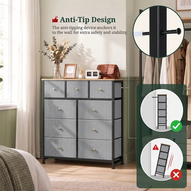 Alt view image 4 of 7 - 9 Drawer Dresser for Bedroom, Fabric Storage Drawer Unit | Closet Organizer with Wooden Top Steel Frame Chest of Drawers for Bedroom, Entryway, Dorm, Blue