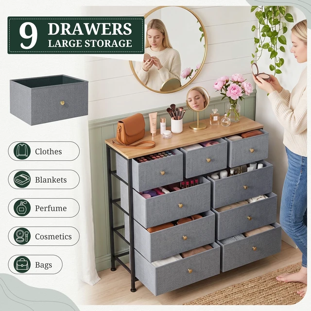 Alt view image 5 of 7 - 9 Drawer Dresser for Bedroom, Fabric Storage Drawer Unit | Closet Organizer with Wooden Top Steel Frame Chest of Drawers for Bedroom, Entryway, Dorm, Blue