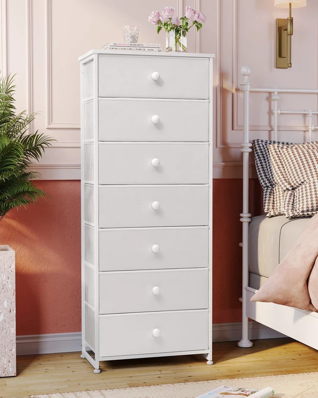 Alt view image 2 of 7 - Fabric Dresser for Bedroom, 7-Drawer Tall Vertical Storage Tower (White) | Wooden Top, Steel Frame, Easy Pull Bin,Organizer Unit for Living Room, Hallway, Entryway, Nursery, Closets