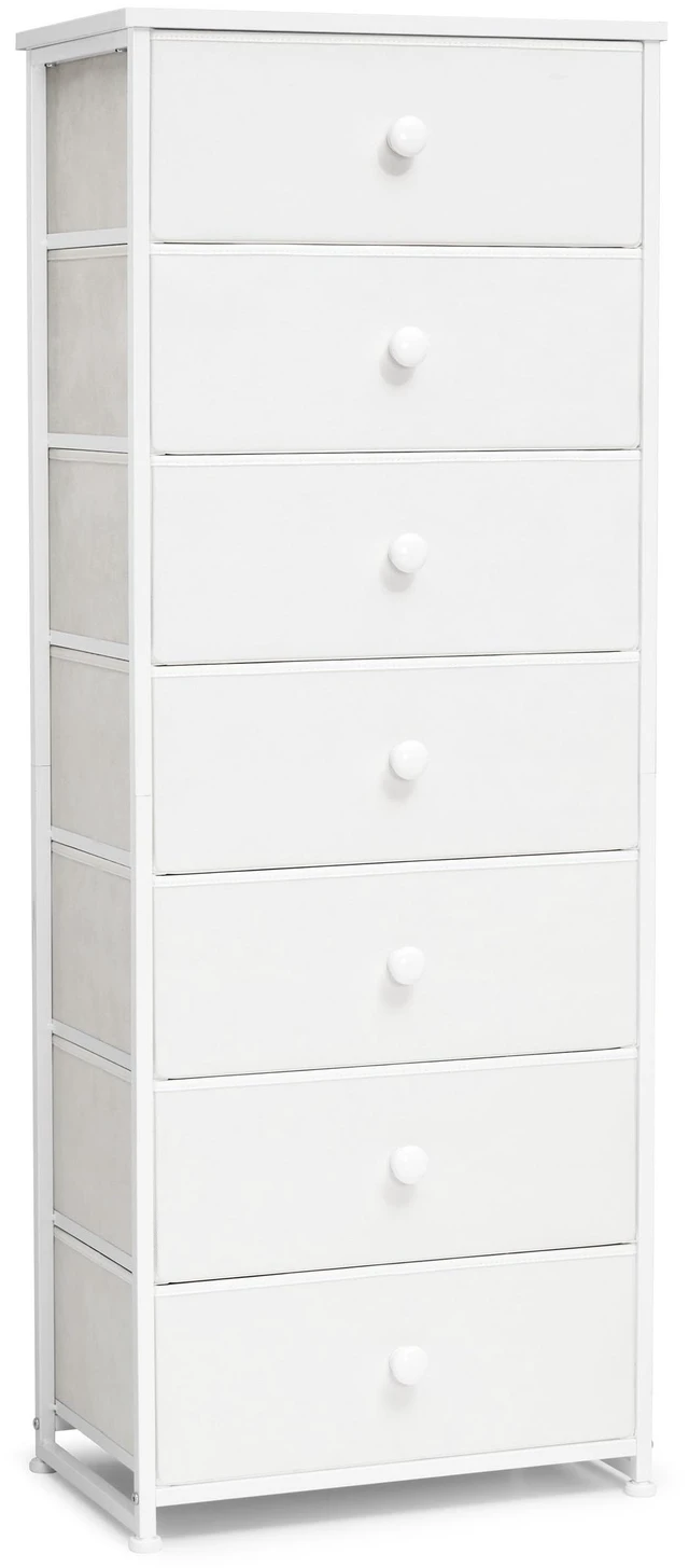 Main image of Fabric Dresser for Bedroom, 7-Drawer Tall Vertical Storage Tower (White) | Wooden Top, Steel Frame, Easy Pull Bin,Organizer Unit for Living Room, Hallway, Entryway, Nursery, Closets