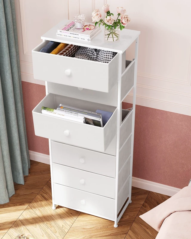 Alt view image 3 of 7 - Fabric Dresser for Bedroom, 7-Drawer Tall Vertical Storage Tower (White) | Wooden Top, Steel Frame, Easy Pull Bin,Organizer Unit for Living Room, Hallway, Entryway, Nursery, Closets