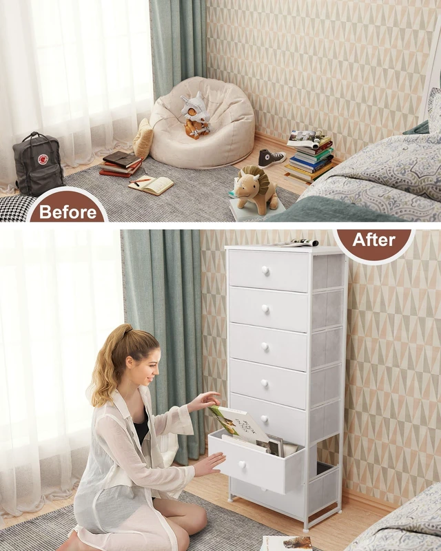 Alt view image 4 of 7 - Fabric Dresser for Bedroom, 7-Drawer Tall Vertical Storage Tower (White) | Wooden Top, Steel Frame, Easy Pull Bin,Organizer Unit for Living Room, Hallway, Entryway, Nursery, Closets