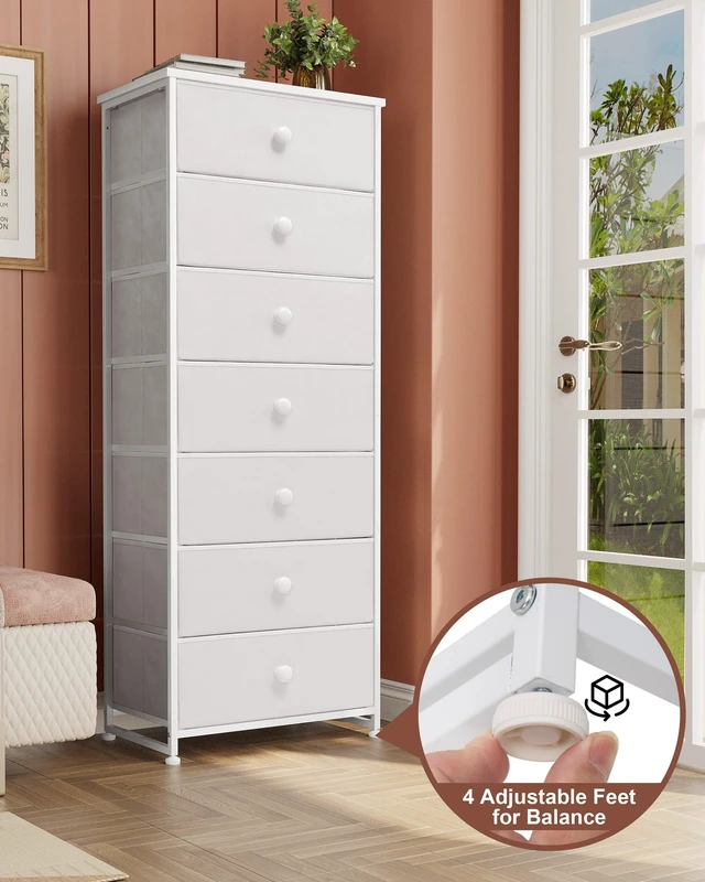 Alt view image 5 of 7 - Fabric Dresser for Bedroom, 7-Drawer Tall Vertical Storage Tower (White) | Wooden Top, Steel Frame, Easy Pull Bin,Organizer Unit for Living Room, Hallway, Entryway, Nursery, Closets