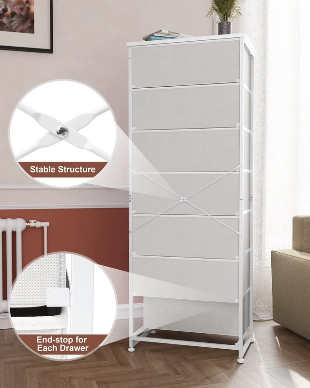 Alt view image 6 of 7 - Fabric Dresser for Bedroom, 7-Drawer Tall Vertical Storage Tower (White) | Wooden Top, Steel Frame, Easy Pull Bin,Organizer Unit for Living Room, Hallway, Entryway, Nursery, Closets