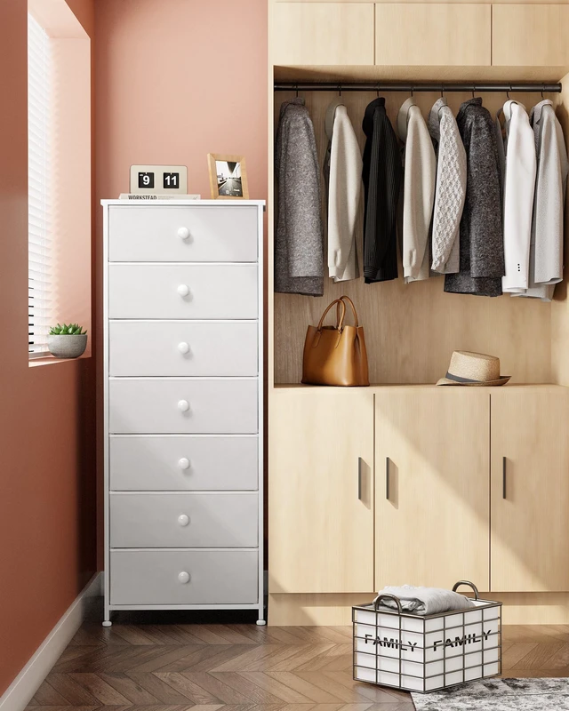 Alt view image 7 of 7 - Fabric Dresser for Bedroom, 7-Drawer Tall Vertical Storage Tower (White) | Wooden Top, Steel Frame, Easy Pull Bin,Organizer Unit for Living Room, Hallway, Entryway, Nursery, Closets