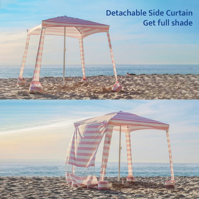 Alt view image 5 of 7 - Beach Cabana, 6.5'×6.5' Beach Canopy, Easy Set up and Take Down, Cabana Tent with Sand Pockets, Instant Sun Shade with Side Wall, Elegant Pink