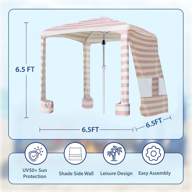 Alt view image 6 of 7 - Beach Cabana, 6.5'×6.5' Beach Canopy, Easy Set up and Take Down, Cabana Tent with Sand Pockets, Instant Sun Shade with Side Wall, Elegant Pink