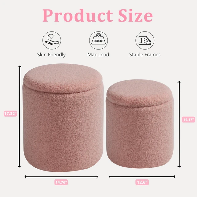 Alt view image 2 of 7 - Set of 2 Round Storage Ottoman, Pink Sherpa Ottoman with Storage | Upholstered Padded Vanity Stool, Multifunctional Coffee Table & Foot Rest for Bedroom, Living room with Hidden Storage Space